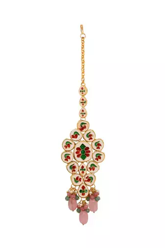 Pink Beaded Gold Tone Kundan Handcrafted Mang Tikka