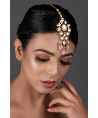 Pink Beaded Gold Tone Kundan Handcrafted Mang Tikka 5