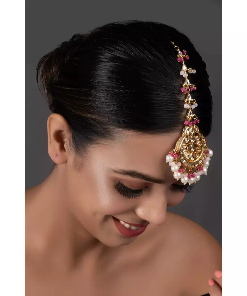 Pearl & Pink beaded Gold tone  Kundan Handcrafted Mang Tikka