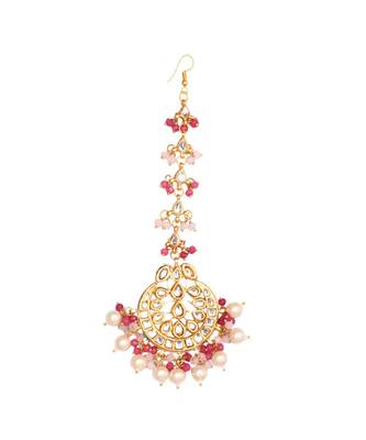 Pearl & Pink Beaded Gold Tone Kundan Handcrafted Mang Tikka 3