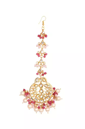 Pearl & Pink Beaded Gold Tone Kundan Handcrafted Mang Tikka