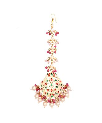 Pearl & Pink Beaded Gold Tone Kundan Handcrafted Mang Tikka 4