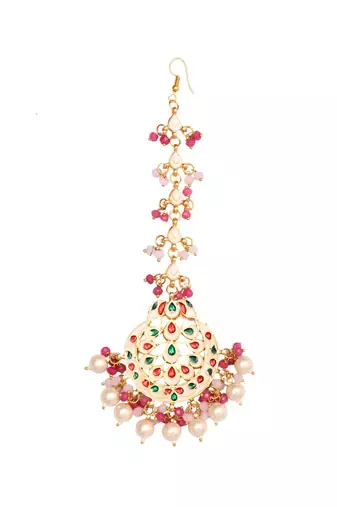 Pearl & Pink Beaded Gold Tone Kundan Handcrafted Mang Tikka