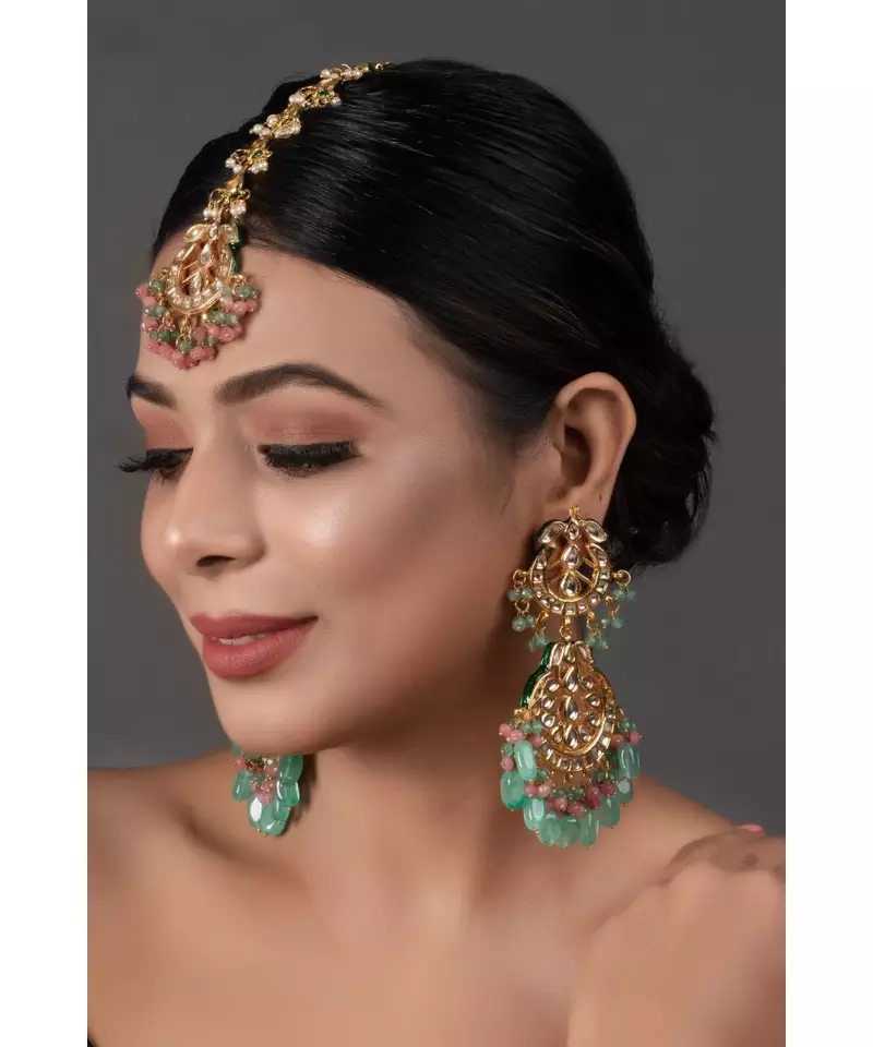 Pink Green Gold Tone Kundan Inspired Maang Tikka with Earrings
