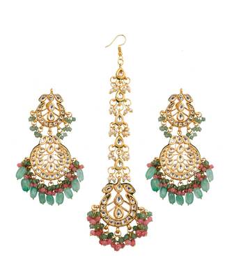 Pink Green Gold Tone Kundan Inspired Maang Tikka With Earrings 2