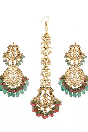 Pink Green Gold Tone Kundan Inspired Maang Tikka With Earrings