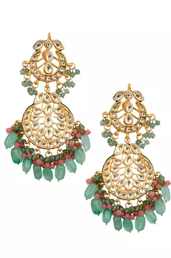 Pink Green Gold Tone Kundan Inspired Maang Tikka With Earrings