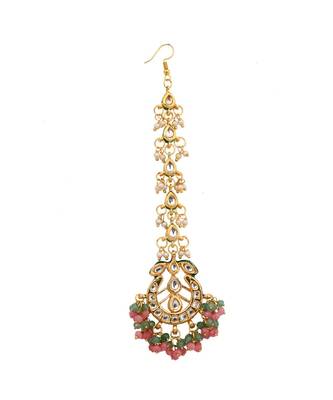 Pink Green Gold Tone Kundan Inspired Maang Tikka With Earrings 4