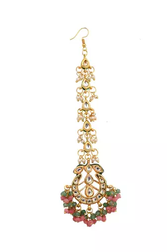 Pink Green Gold Tone Kundan Inspired Maang Tikka With Earrings