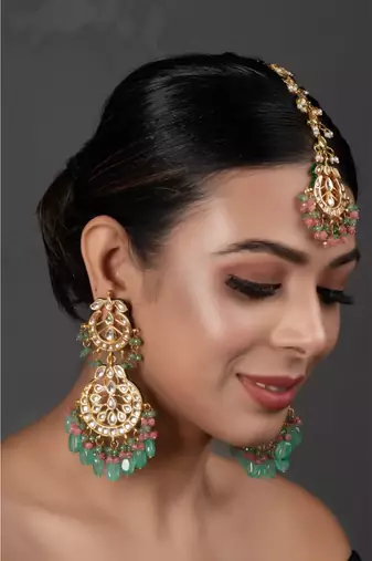 Pink Green Gold Tone Kundan Inspired Maang Tikka With Earrings