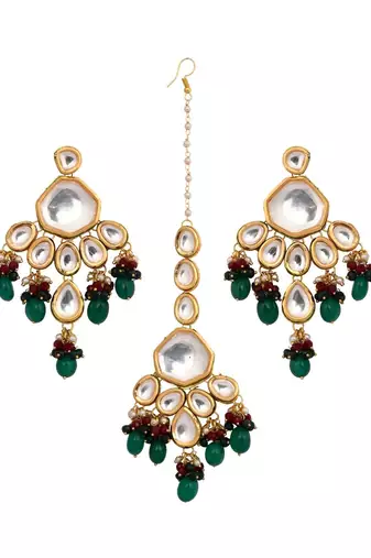 Emerald Beaded Kundan Inspired Mang Tikka With Earrings