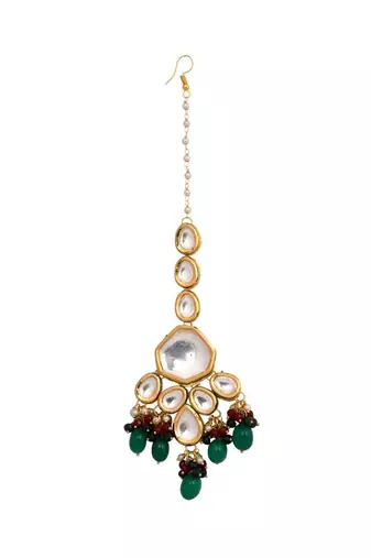 Emerald Beaded Kundan Inspired Mang Tikka With Earrings