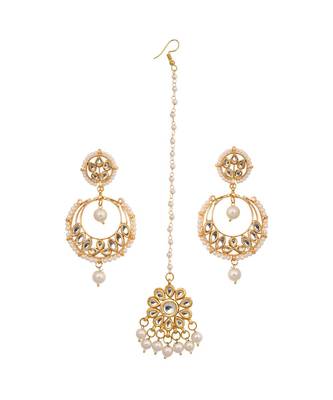 Pearl Beaded Kundan Inspired Mang Tika With Chandbali 2