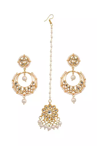 Pearl Beaded Kundan Inspired Mang Tika With Chandbali
