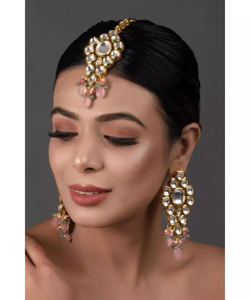Classic Pink beaded Gold Tone Kundan Inspired Maang Tikka with Earrings