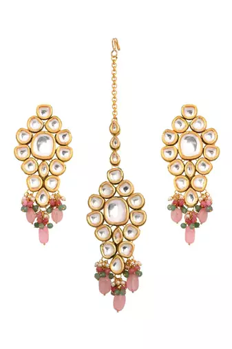 Classic Pink Gold Tone Kundan Maang Tikka With Earrings