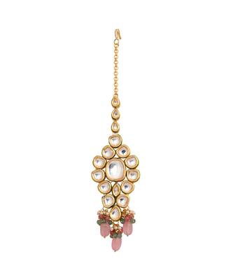 Classic Pink Gold Tone Kundan Maang Tikka With Earrings 4