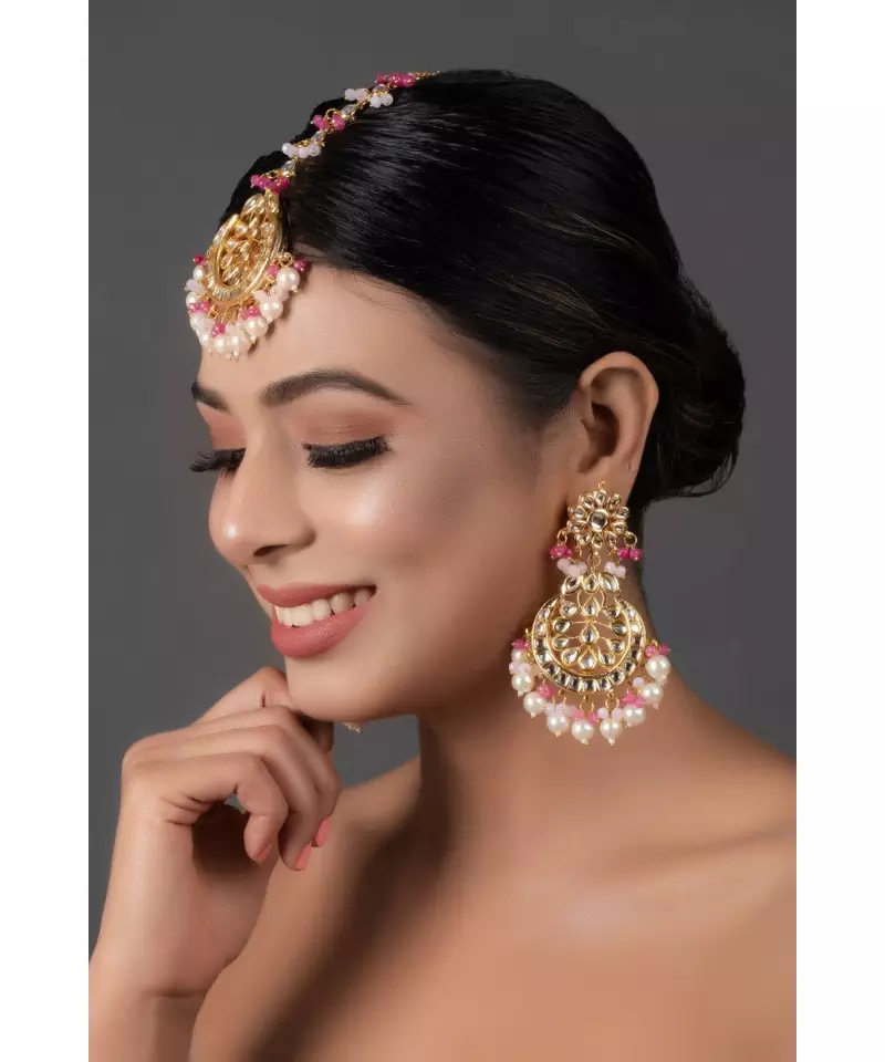 Pearl & Pink beaded Kundan Handcrafted Mang Tikka with earrings