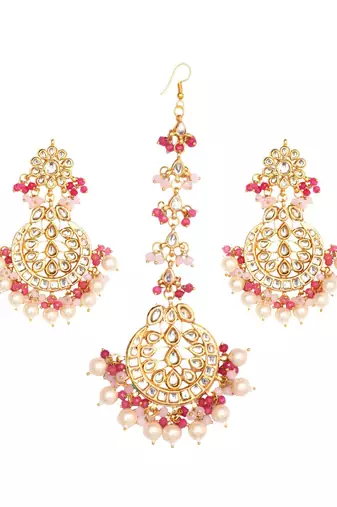 Pearl & Pink Beaded Kundan Handcrafted Mang Tikka With Earrings