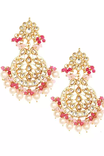 Pearl & Pink Beaded Kundan Handcrafted Mang Tikka With Earrings