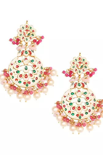 Pearl & Pink Beaded Kundan Handcrafted Mang Tikka With Earrings
