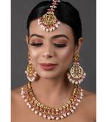 Pearl & Pink Gold Tone Kundan Necklace With Earrings and Maang Tikka