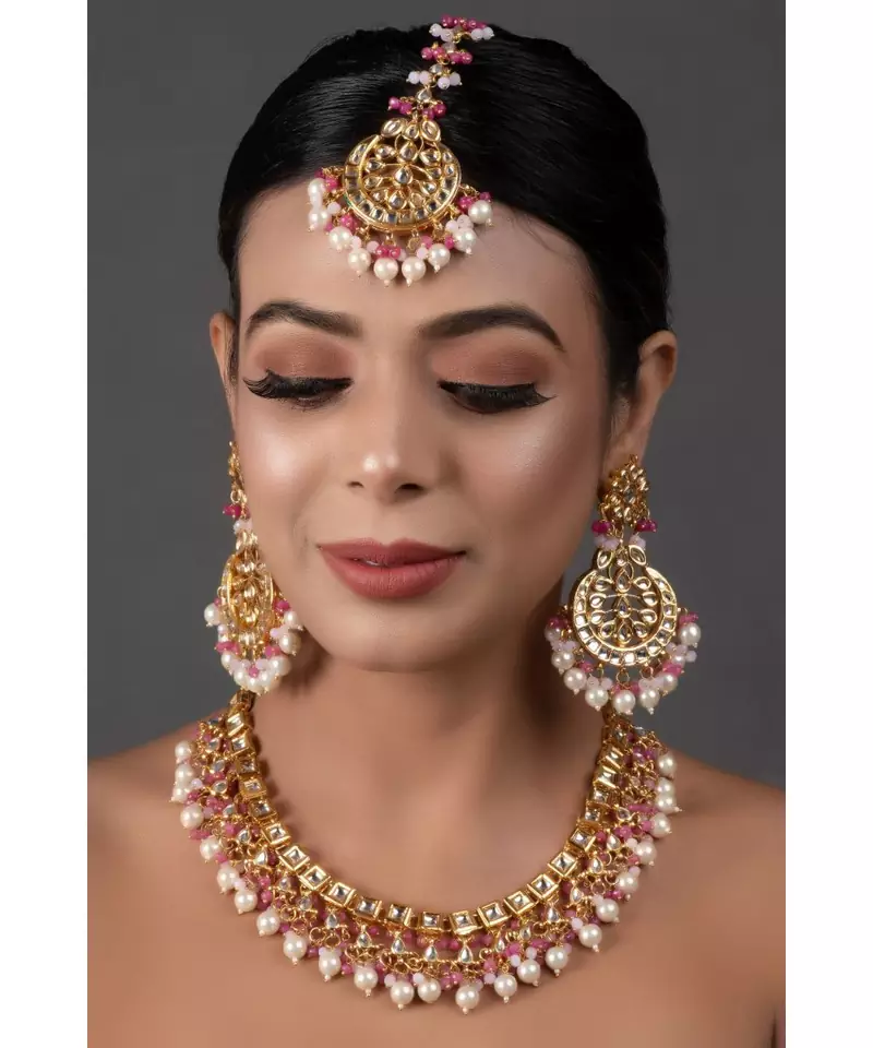 Pearl & Pink beaded  Gold Tone Kundan Inspired Necklace with Earrings and Maang Tikka