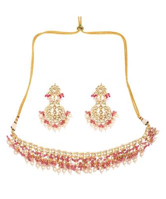 Pearl & Pink Gold Tone Kundan Necklace With Earrings and Maang Tikka 3