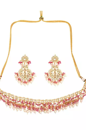Pearl & Pink Gold Tone Kundan Necklace With Earrings and Maang Tikka