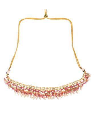 Pearl & Pink Gold Tone Kundan Necklace With Earrings and Maang Tikka 4