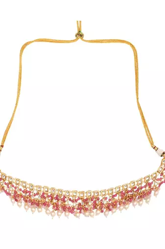 Pearl & Pink Gold Tone Kundan Necklace With Earrings and Maang Tikka