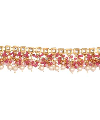 Pearl & Pink Gold Tone Kundan Necklace With Earrings and Maang Tikka 5