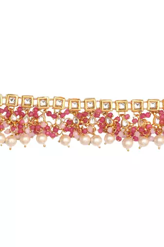 Pearl & Pink Gold Tone Kundan Necklace With Earrings and Maang Tikka