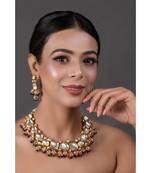 Pink Green Gold Tone Kundan Necklace With Earrings