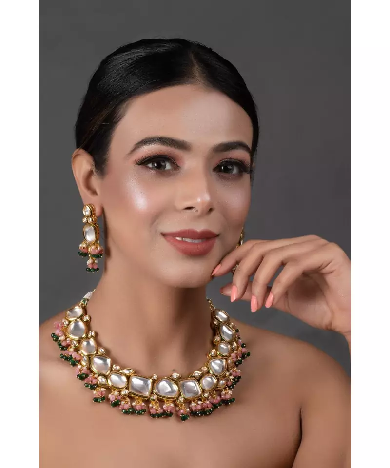 Pink Green Gold Tone Kundan Necklace with Earrings