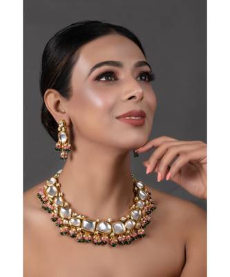 Pink Green Gold Tone Kundan Necklace With Earrings 2