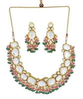 Pink Green Gold Tone Kundan Necklace With Earrings 3
