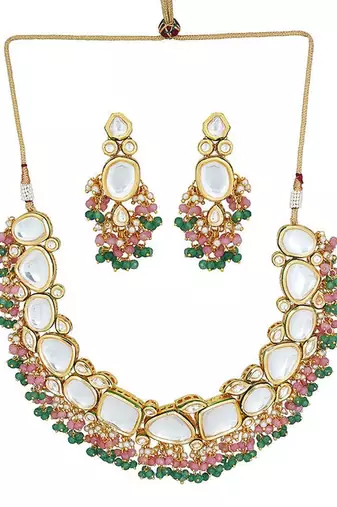 Pink Green Gold Tone Kundan Necklace With Earrings