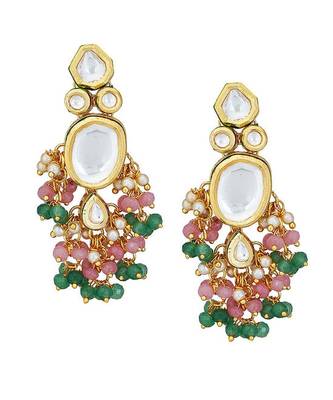 Pink Green Gold Tone Kundan Necklace With Earrings 4