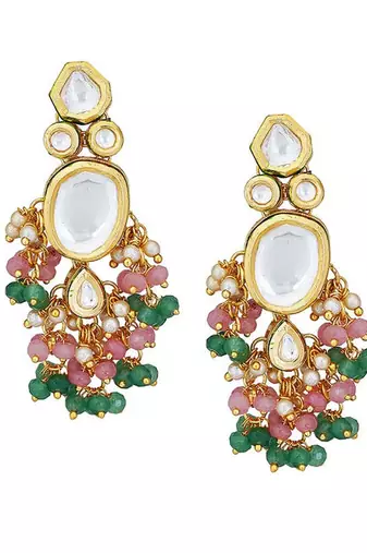 Pink Green Gold Tone Kundan Necklace With Earrings