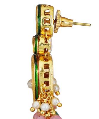 Pink Green Gold Tone Kundan Necklace With Earrings 5