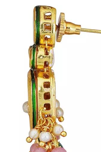 Pink Green Gold Tone Kundan Necklace With Earrings