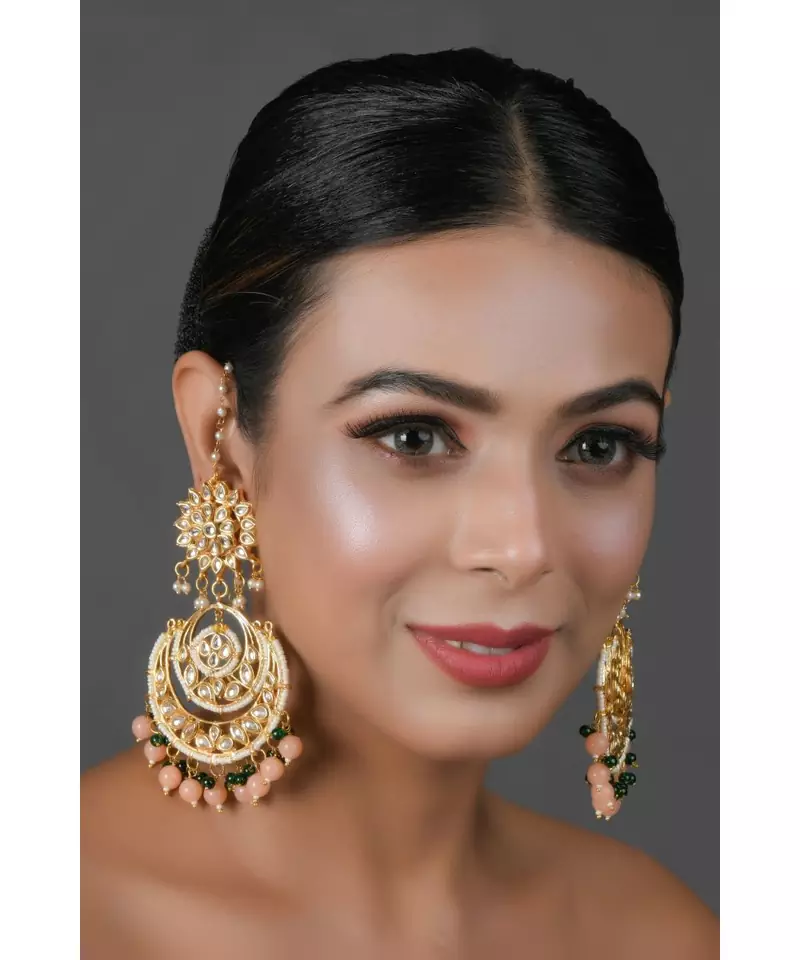 Peach beaded Kundan Chandbali
