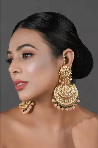 Peach Beaded Kundan Chandbali