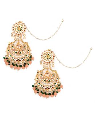Peach Beaded Kundan Chandbali 5
