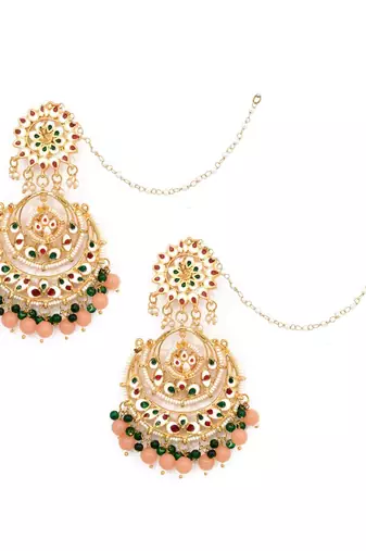 Peach Beaded Kundan Chandbali