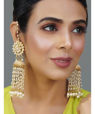 Kundan Floral Gold-Toned & White Classic Drop Earrings 1