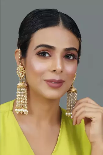 Kundan Floral Gold-Toned & White Classic Drop Earrings