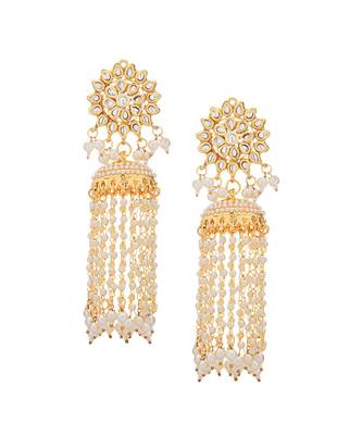 Kundan Floral Gold-Toned & White Classic Drop Earrings 3