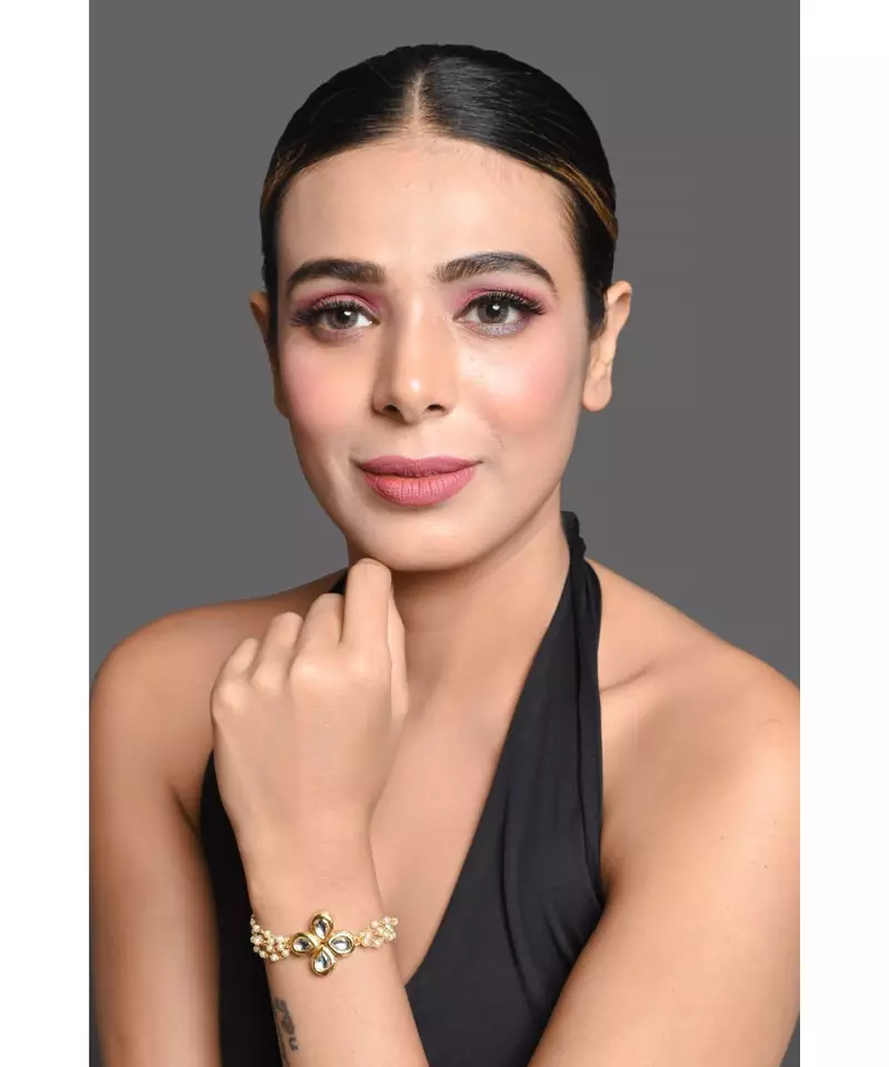 White Gold Tone Kundan Inspired Pearl Bracelet
